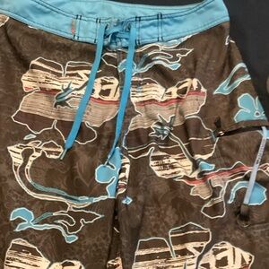 Quiksilver Brown and Blue Floral Surf Trunks